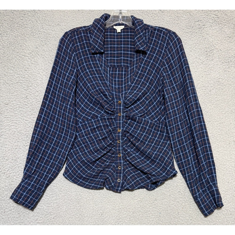 Pilcro Anthropologie Womens XS Blouse Blue Plaid Ruched Button Front Flannel